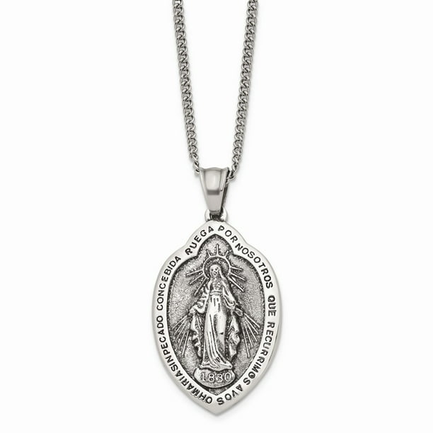 2.05mm with Secure Lobster Lock Clasp Stainless Steel Antiqued-Style and Polished Miraculous Medal 22in Necklace Chain 